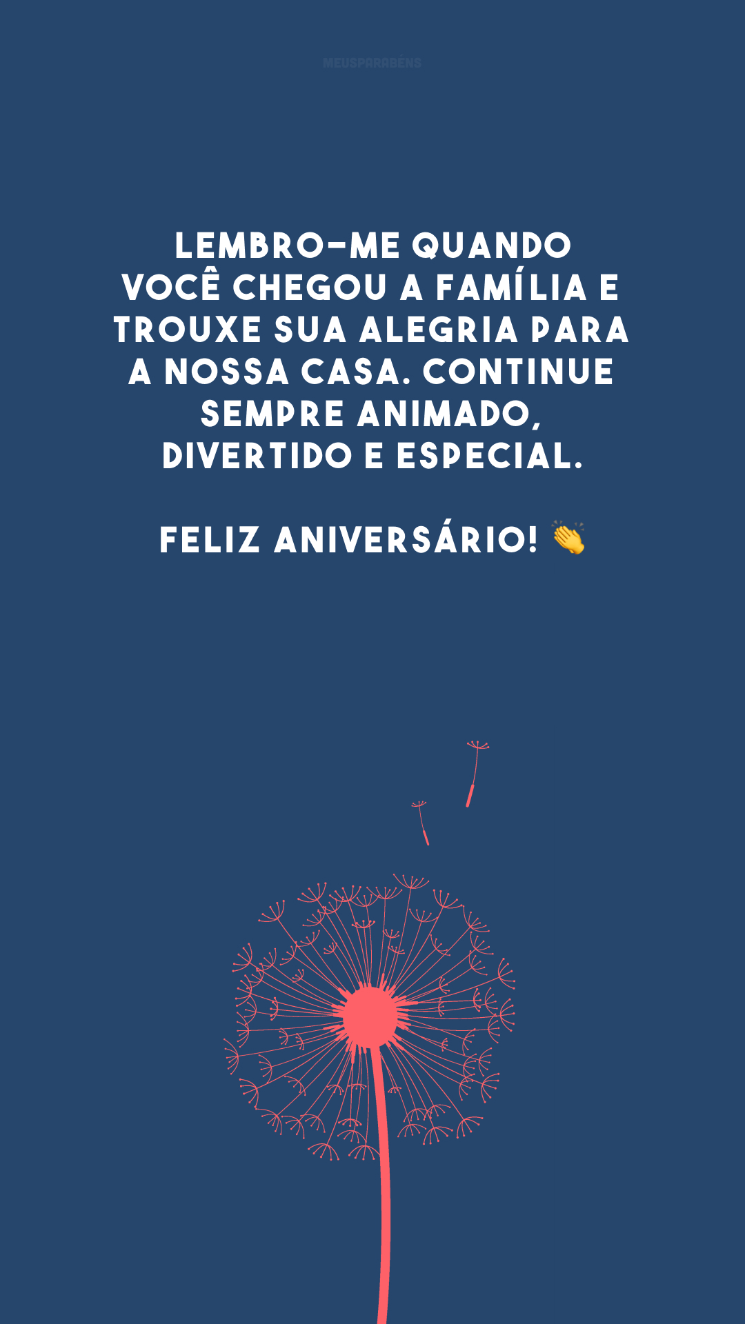 Lembro-me quando você chegou a família e trouxe sua alegria para a nossa casa. Continue sempre animado, divertido e especial. Feliz aniversário! 👏