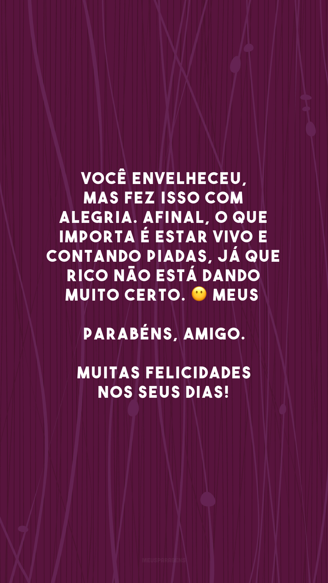 Você envelheceu, mas fez isso com alegria. Afinal, o que importa é estar vivo e contando piadas, já que rico não está dando muito certo. 😶 Meus parabéns, amigo. Muitas felicidades nos seus dias! 