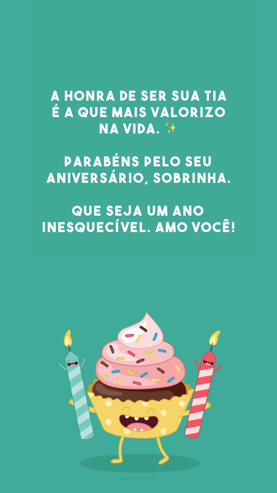 A honra de ser sua tia é a que mais valorizo na vida. ✨ Parabéns pelo seu aniversário, sobrinha. Que seja um ano inesquecível. Amo você!