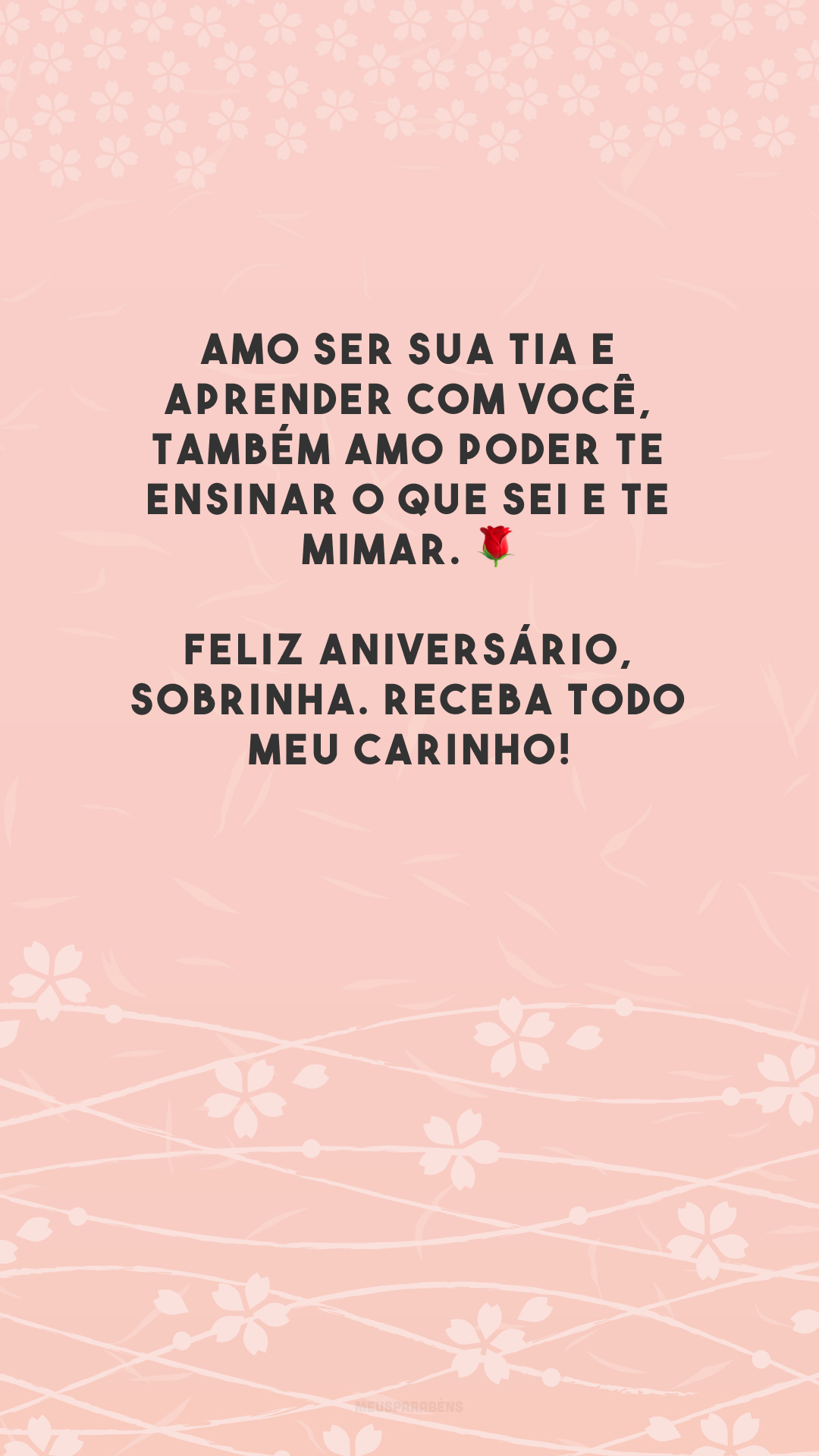 Amo ser sua tia e aprender com você, também amo poder te ensinar o que sei e te mimar. 🌹 Feliz aniversário, sobrinha. Receba todo meu carinho!