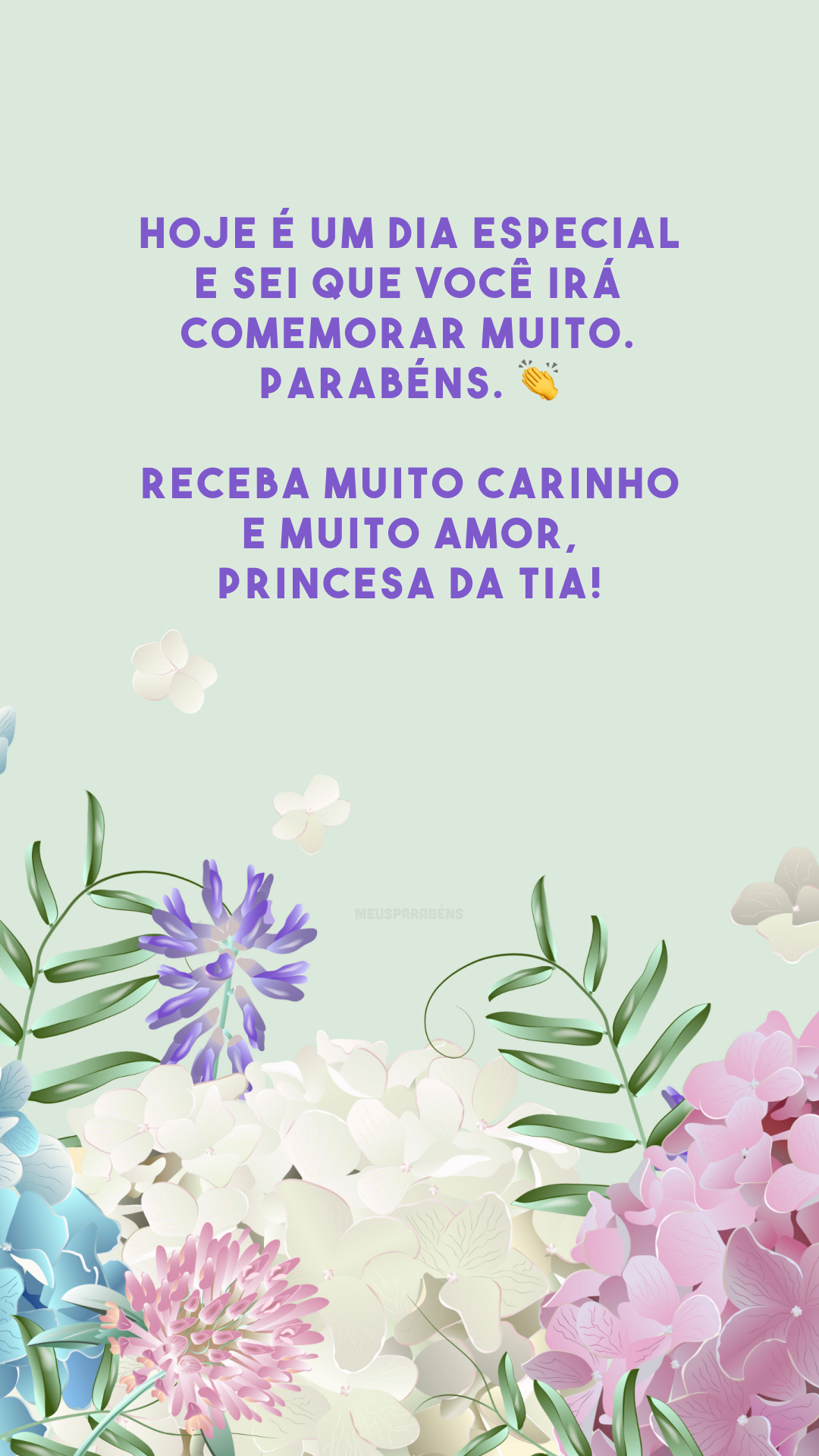 Hoje é um dia especial e sei que você irá comemorar muito. Parabéns. 👏 Receba muito carinho e muito amor, princesa da tia!