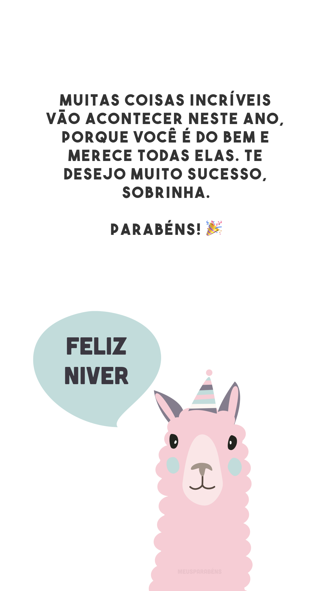 Muitas coisas incríveis vão acontecer neste ano, porque você é do bem e merece todas elas. Te desejo muito sucesso, sobrinha. Parabéns! 🎉