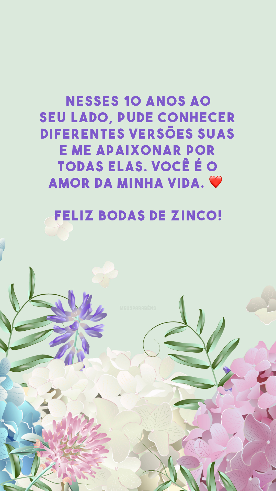 Nesses 10 anos ao seu lado, pude conhecer diferentes versões suas e me apaixonar por todas elas. Você é o amor da minha vida. ❤️ Feliz bodas de zinco!