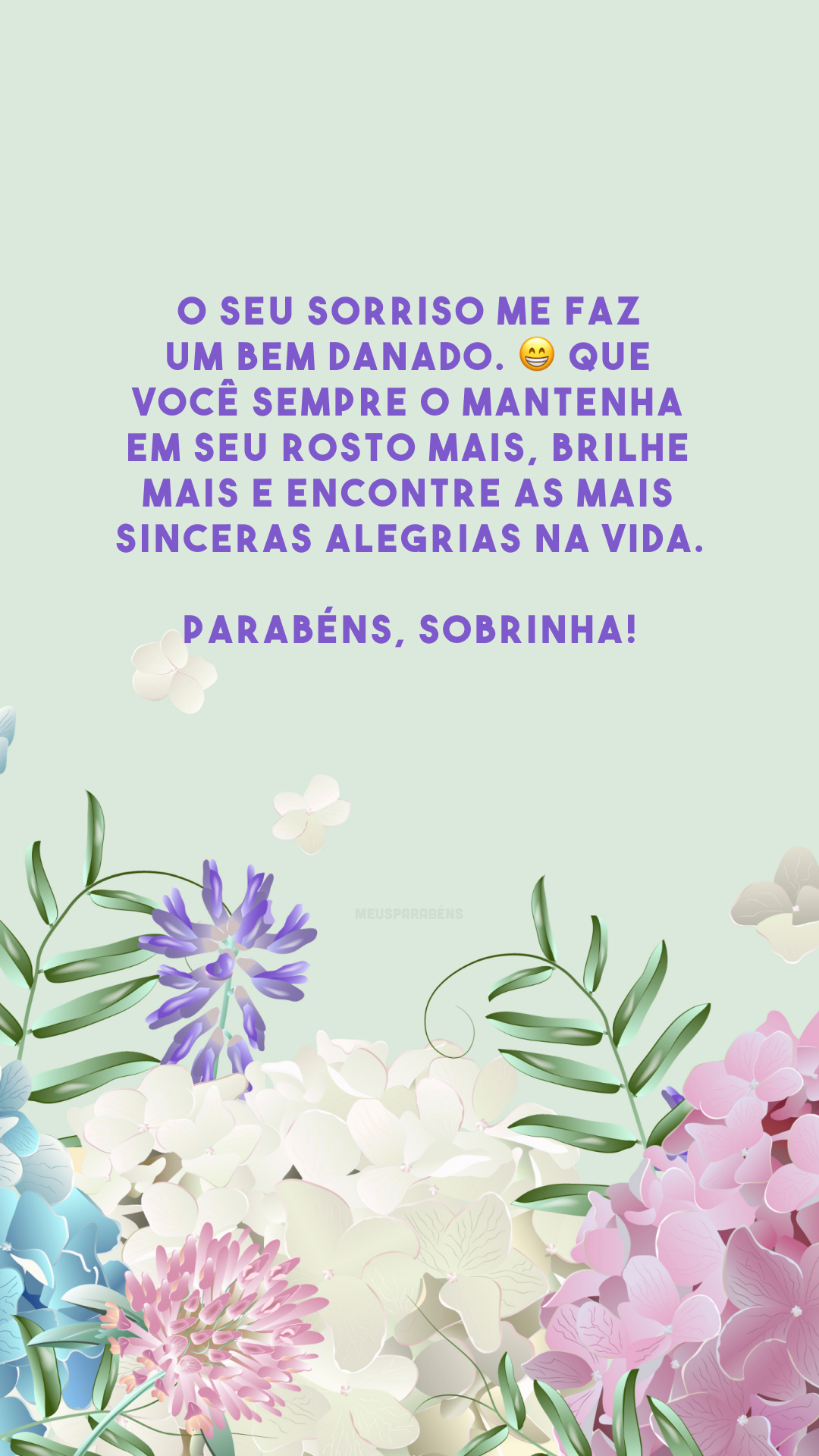 O seu sorriso me faz um bem danado. 😁 Que você sempre o mantenha em seu rosto mais, brilhe mais e encontre as mais sinceras alegrias na vida. Parabéns, sobrinha!