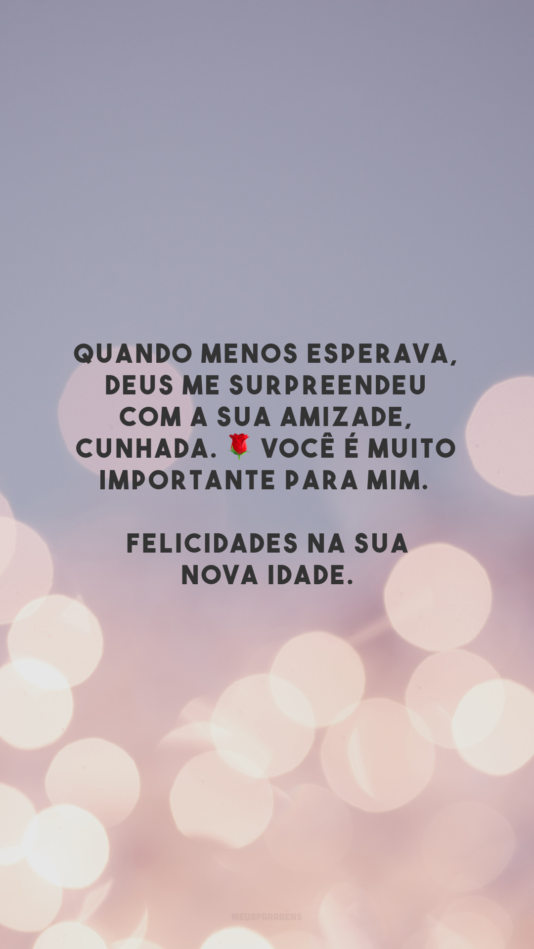 Quando menos esperava, Deus me surpreendeu com a sua amizade, cunhada. 🌹 Você é muito importante para mim. Felicidades na sua nova idade.