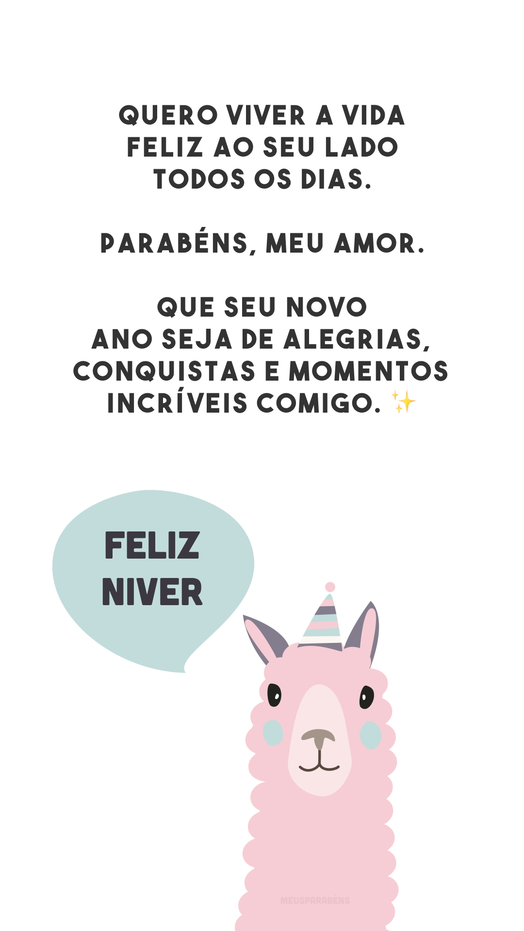 Quero viver a vida feliz ao seu lado todos os dias. Parabéns, meu amor. Que seu novo ano seja de alegrias, conquistas e momentos incríveis comigo. ✨