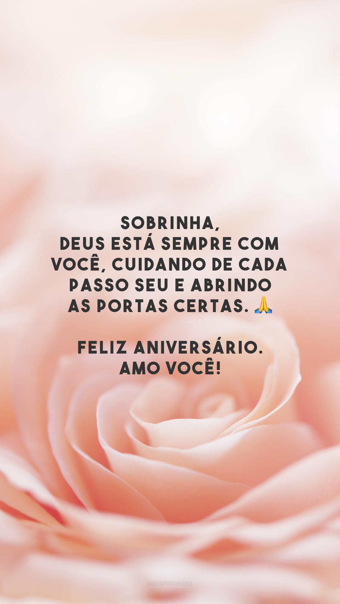 Sobrinha, Deus está sempre com você, cuidando de cada passo seu e abrindo as portas certas. 🙏 Feliz aniversário. Amo você!