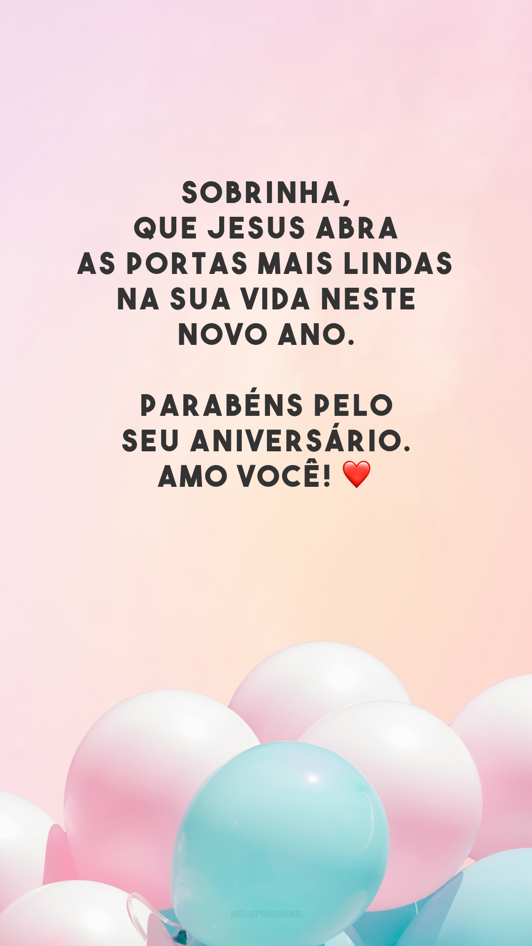 Sobrinha, que Jesus abra as portas mais lindas na sua vida neste novo ano. Parabéns pelo seu aniversário. Amo você! ❤️