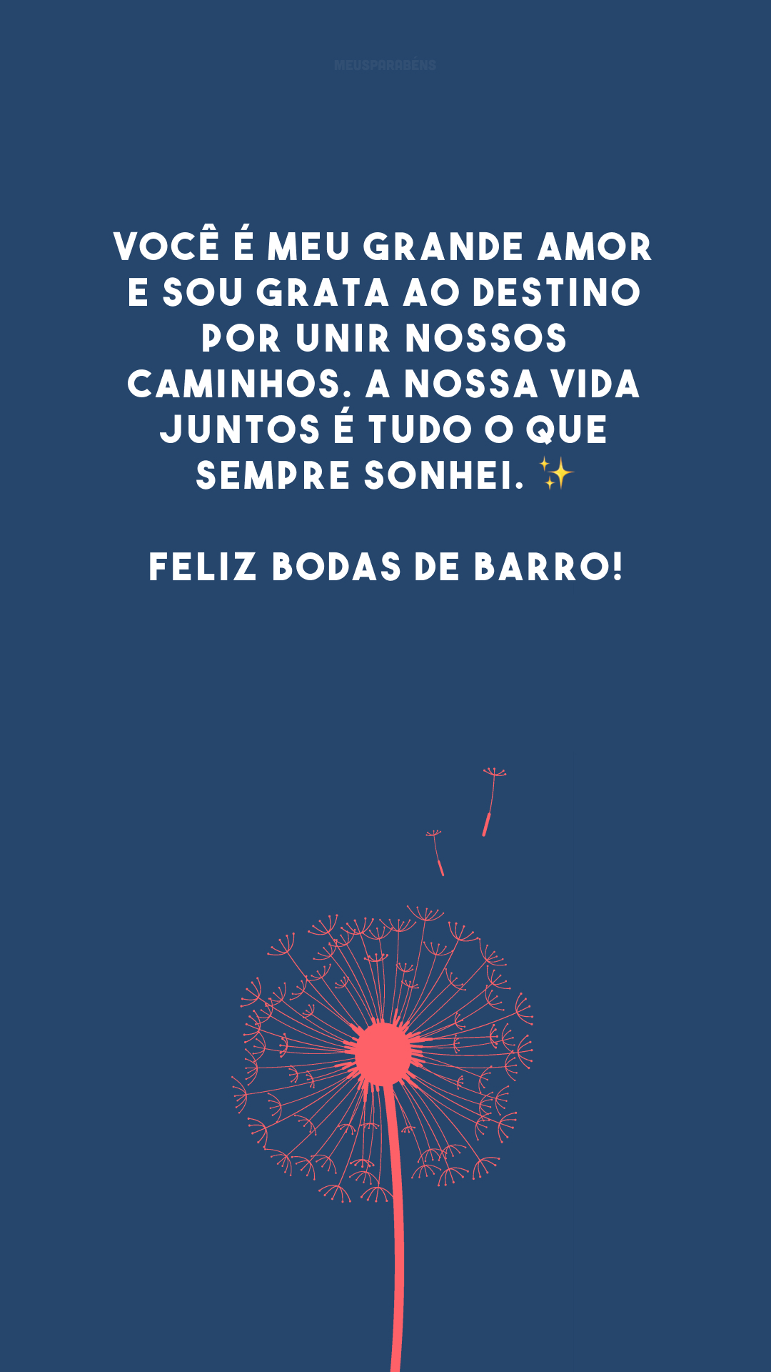 Você é meu grande amor e sou grata ao destino por unir nossos caminhos. A nossa vida juntos é tudo o que sempre sonhei. ✨ Feliz bodas de barro!