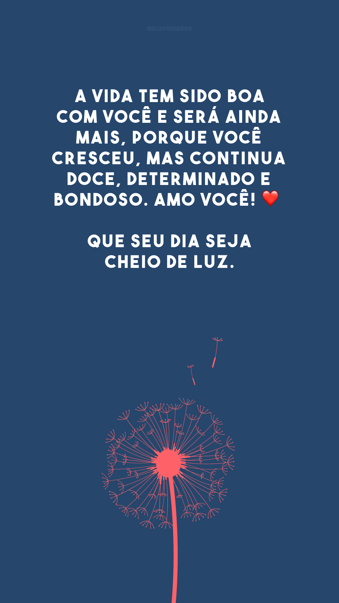 A vida tem sido boa com você e será ainda mais, porque você cresceu, mas continua doce, determinado e bondoso. Amo você! ❤️ Que seu dia seja cheio de luz.