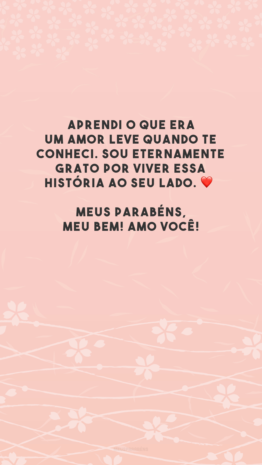 Aprendi o que era um amor leve quando te conheci. Sou eternamente grato por viver essa história ao seu lado. ❤️ Meus parabéns, meu bem! Amo você!