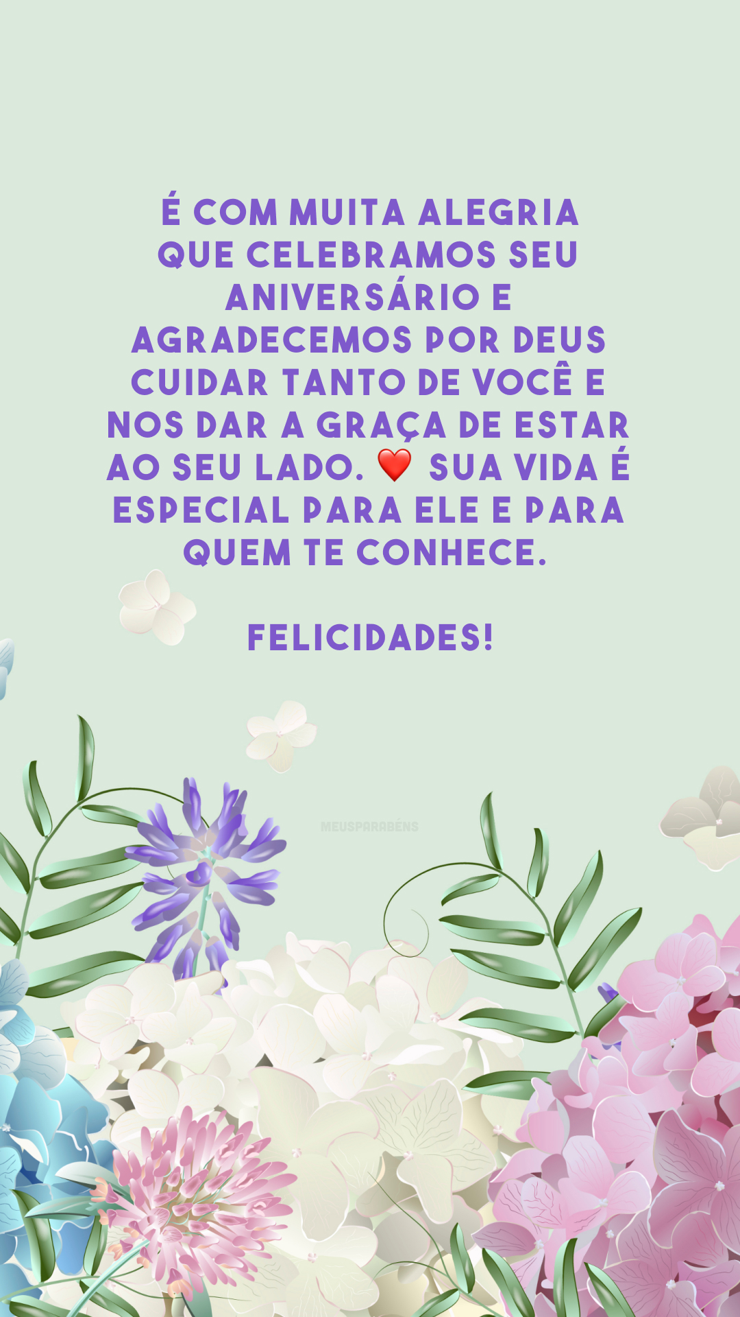É com muita alegria que celebramos seu aniversário e agradecemos por Deus cuidar tanto de você e nos dar a graça de estar ao seu lado. ❤️ Sua vida é especial para Ele e para quem te conhece. Felicidades!