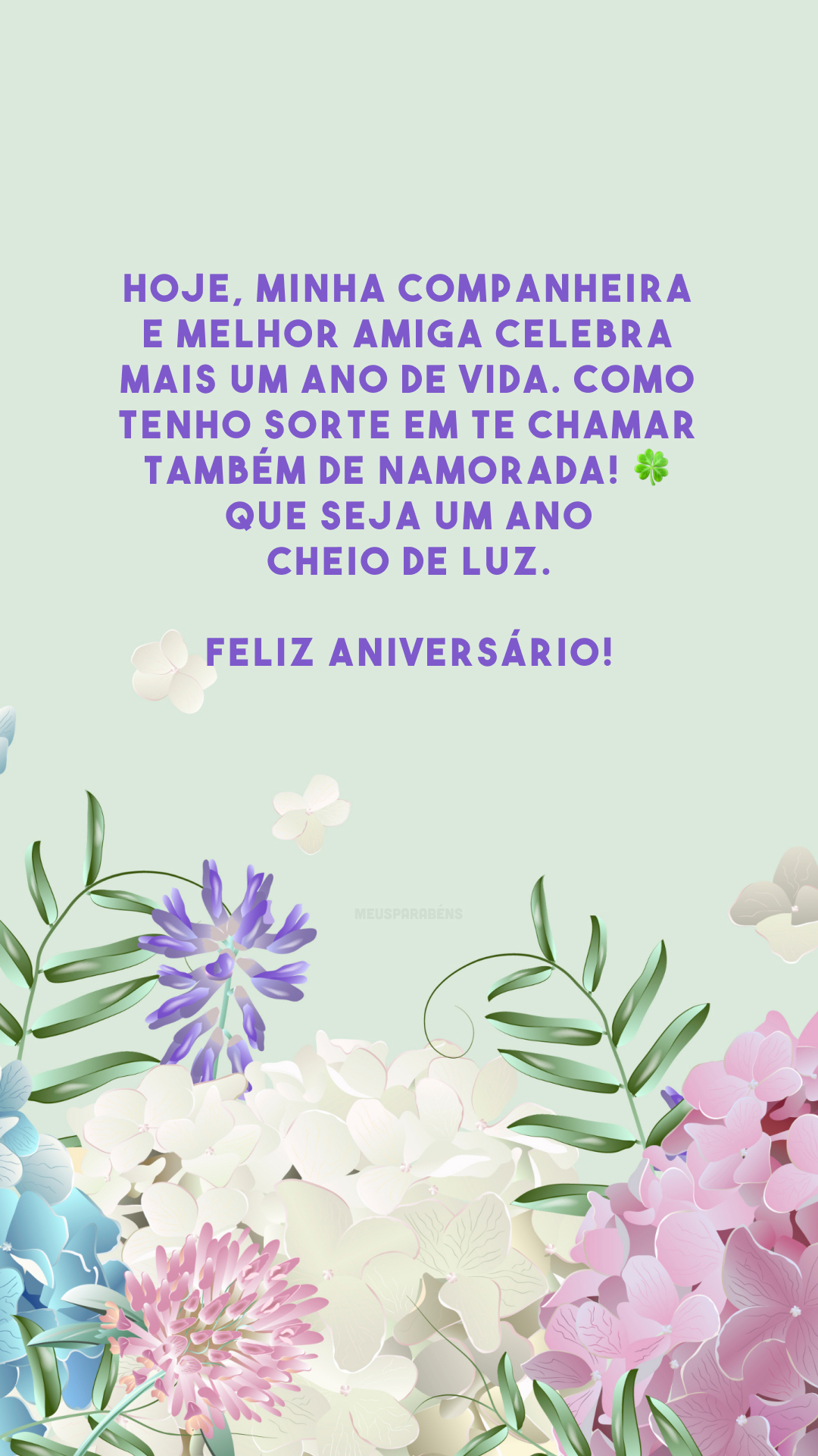 Hoje, minha companheira e melhor amiga celebra mais um ano de vida. Como tenho sorte em te chamar também de namorada! 🍀 Que seja um ano cheio de luz. Feliz aniversário!