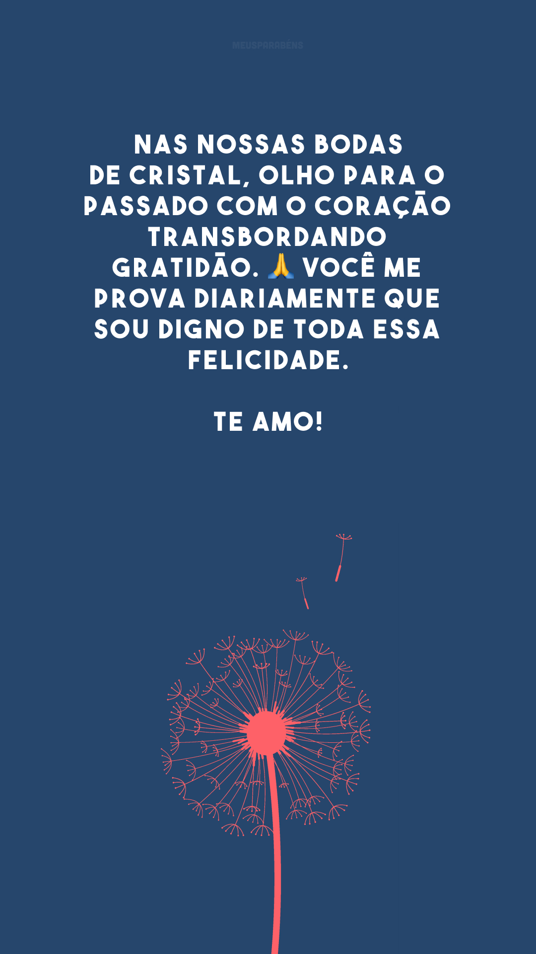 Nas nossas bodas de cristal, olho para o passado com o coração transbordando gratidão. 🙏 Você me prova diariamente que sou digno de toda essa felicidade. Te amo!