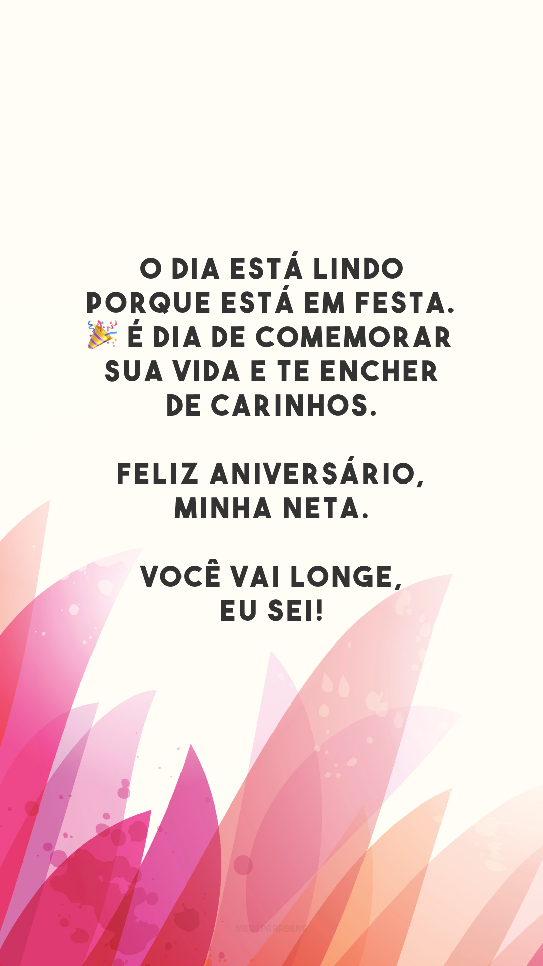 O dia está lindo porque está em festa. 🎉 É dia de comemorar sua vida e te encher de carinhos. Feliz aniversário, minha neta. Você vai longe, eu sei!