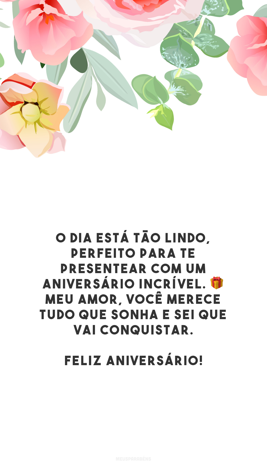 O dia está tão lindo, perfeito para te presentear com um aniversário incrível. 🎁 Meu amor, você merece tudo que sonha e sei que vai conquistar. Feliz aniversário!