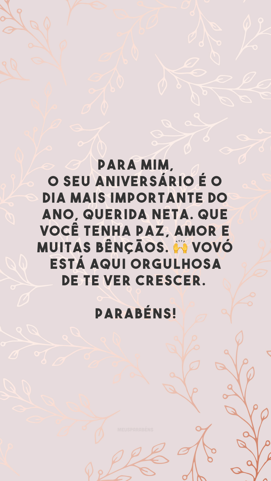 Para mim, o seu aniversário é o dia mais importante do ano, querida neta. Que você tenha paz, amor e muitas bênçãos. 🙌 Vovó está aqui orgulhosa de te ver crescer. Parabéns!