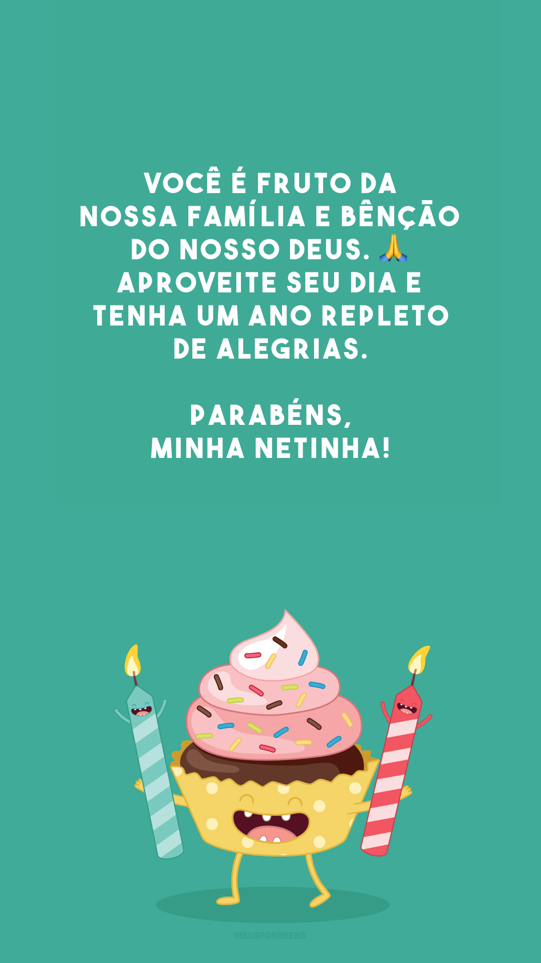 Você é fruto da nossa família e bênção do nosso Deus. 🙏 Aproveite seu dia e tenha um ano repleto de alegrias. Parabéns, minha netinha!