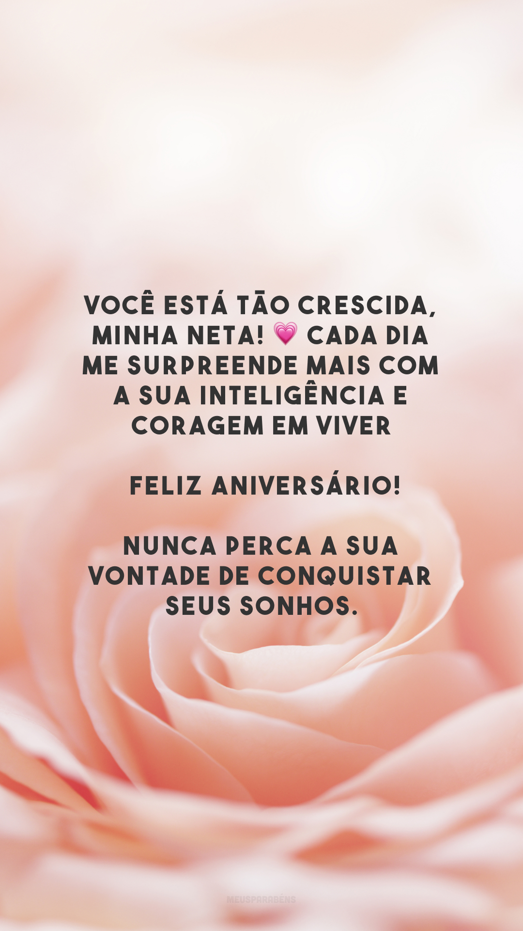 Você está tão crescida, minha neta! 💗 Cada dia me surpreende mais com a sua inteligência e coragem em viver. Feliz aniversário! Nunca perca a sua vontade de conquistar seus sonhos.