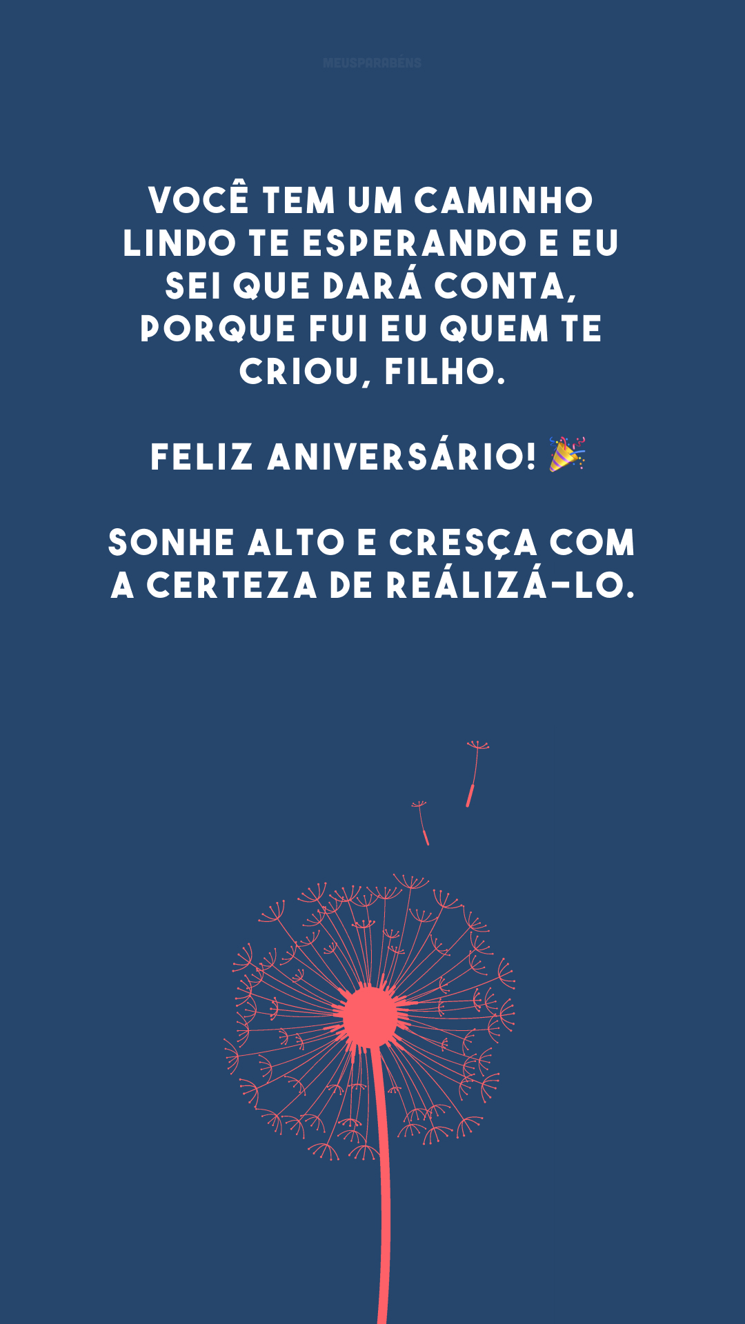 Você tem um caminho lindo te esperando e eu sei que dará conta, porque fui eu quem te criou, filho. Feliz aniversário! 🎉 Sonhe alto e cresça com a certeza de reálizá-lo.