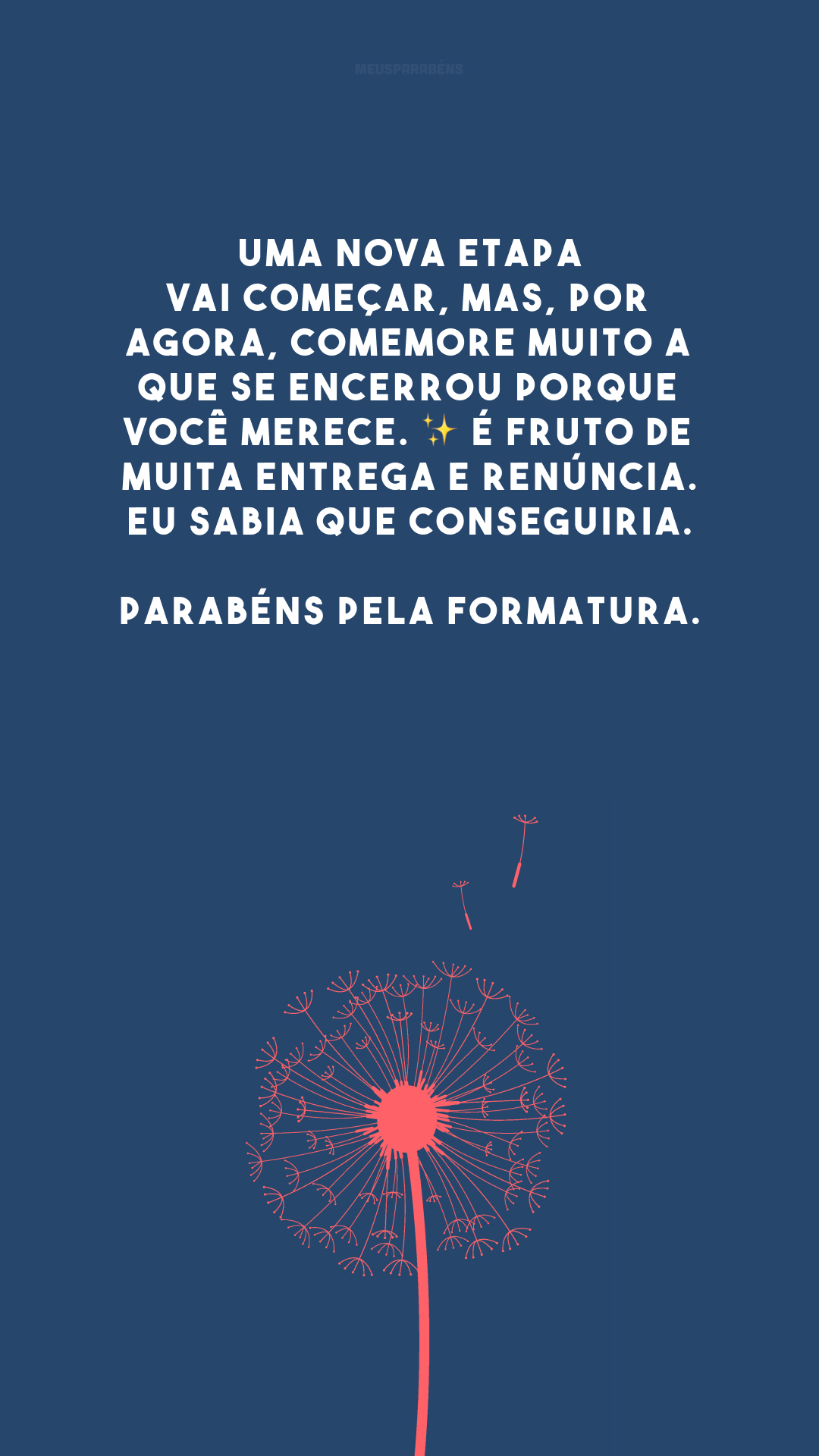 Uma nova etapa vai começar, mas, por agora, comemore muito a que se encerrou porque você merece. ✨ É fruto de muita entrega e renúncia. Eu sabia que conseguiria. Parabéns pela formatura.