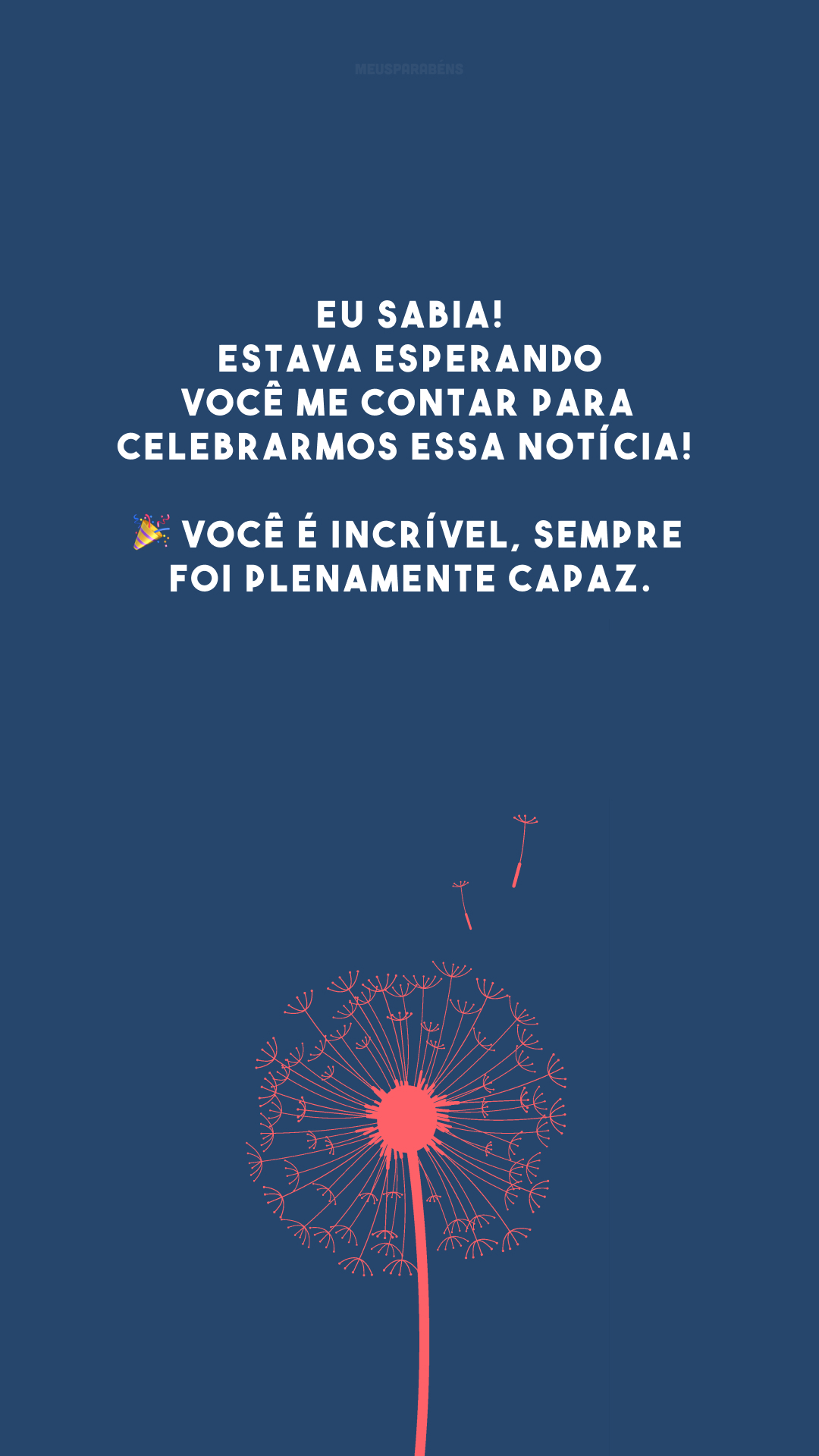 Eu sabia! Estava esperando você me contar para celebrarmos essa notícia! 🎉 Você é incrível, sempre foi plenamente capaz.