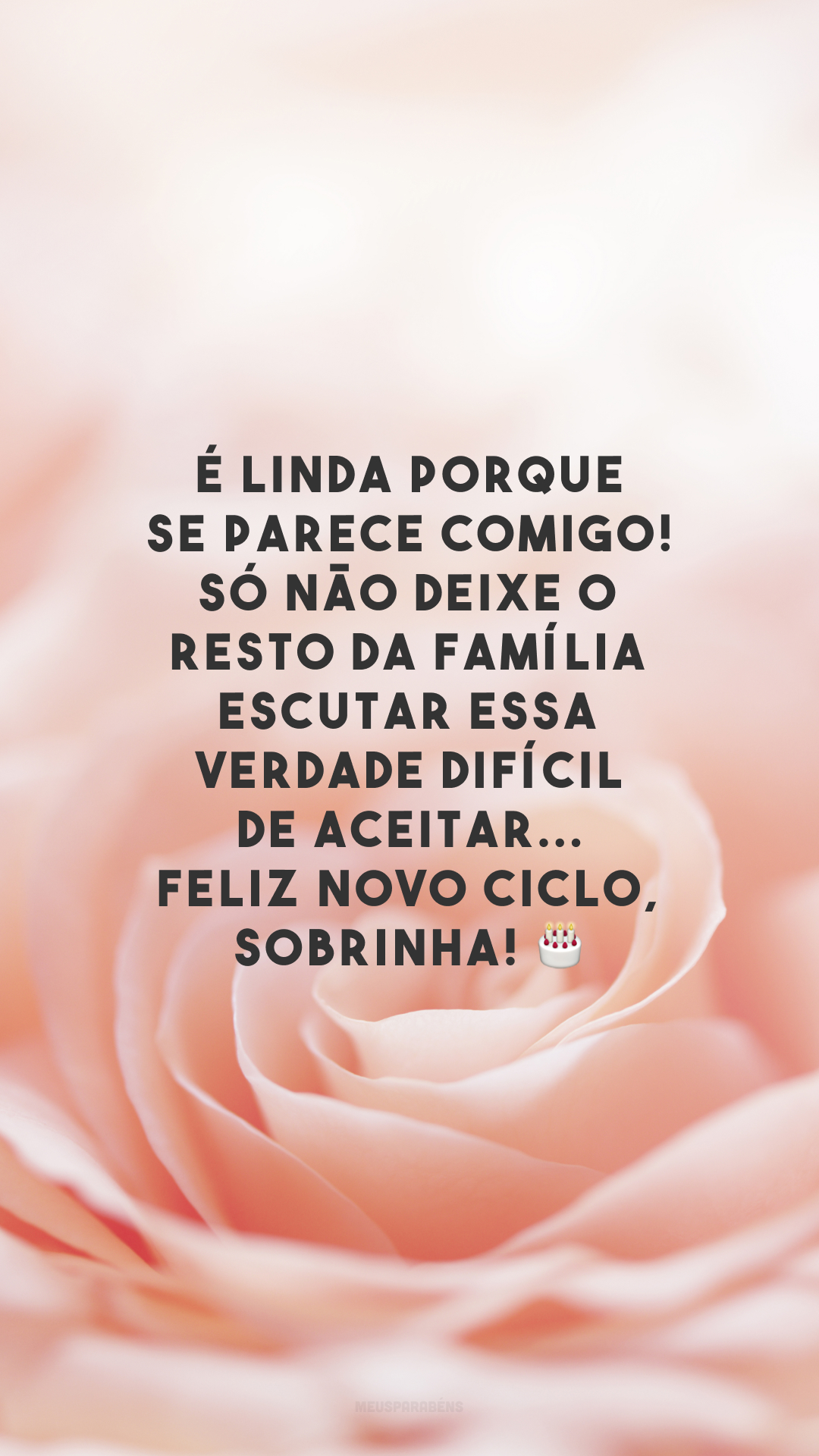 É linda porque se parece comigo! Só não deixe o resto da família escutar essa verdade difícil de aceitar... Feliz novo ciclo, sobrinha! 🎂