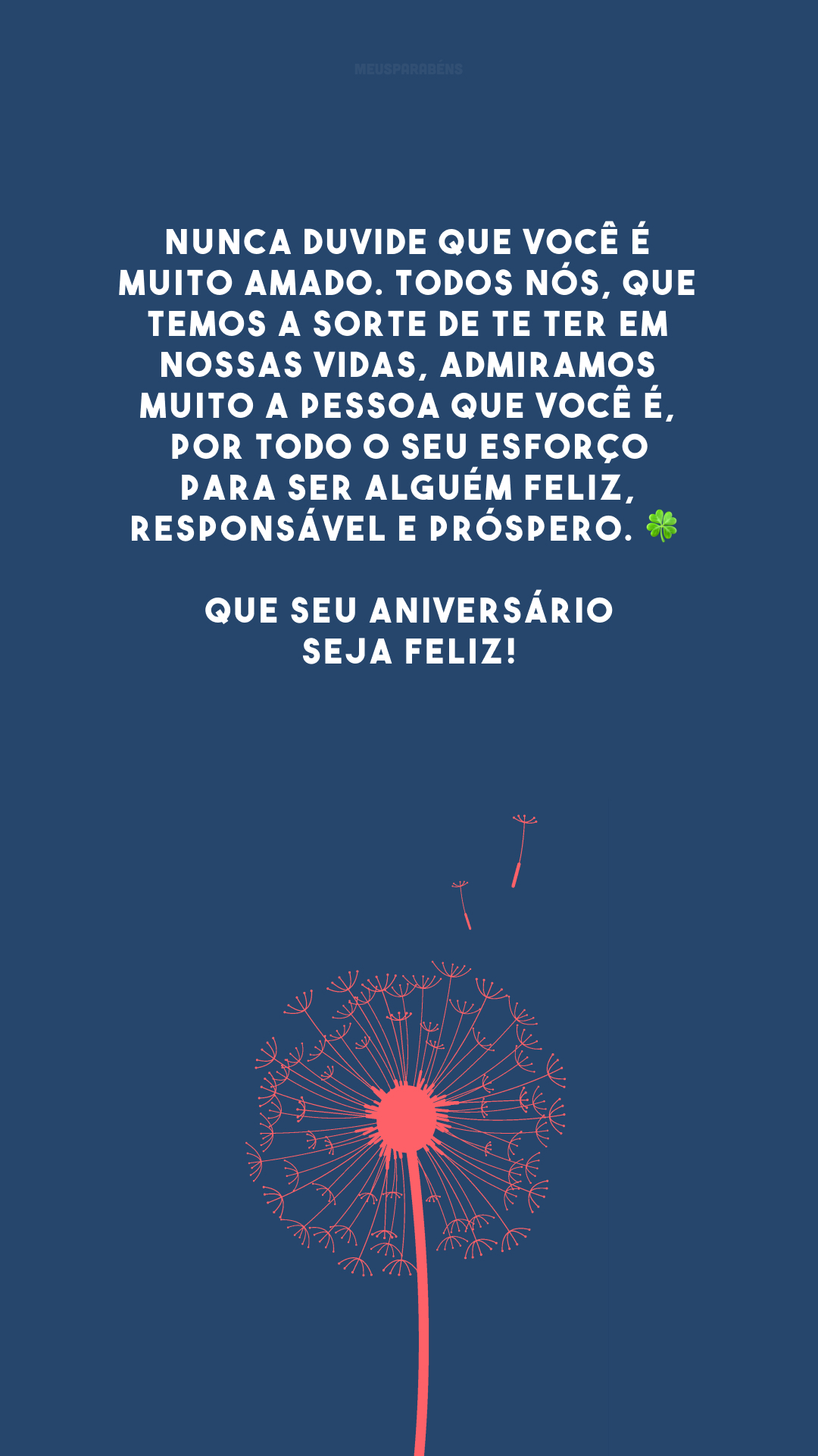 Nunca duvide que você é muito amado. Todos nós, que temos a sorte de te ter em nossas vidas, admiramos muito a pessoa que você é, por todo o seu esforço para ser alguém feliz, responsável e próspero. 🍀 Que seu aniversário seja feliz!