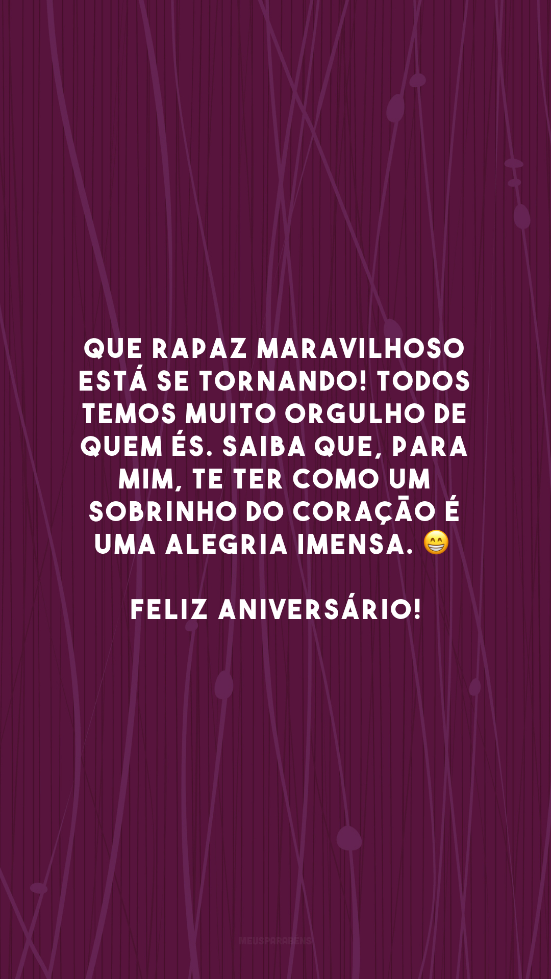 Que rapaz maravilhoso está se tornando! Todos temos muito orgulho de quem és. Saiba que, para mim, te ter como um sobrinho do coração é uma alegria imensa. 😁 Feliz aniversário!