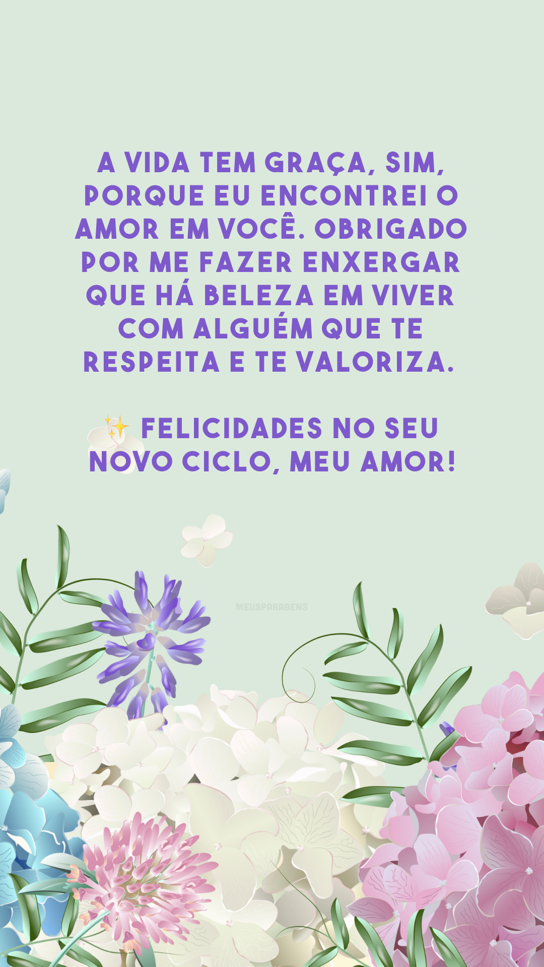 A vida tem graça, sim, porque eu encontrei o amor em você. Obrigado por me fazer enxergar que há beleza em viver com alguém que te respeita e te valoriza. ✨ Felicidades no seu novo ciclo, meu amor!