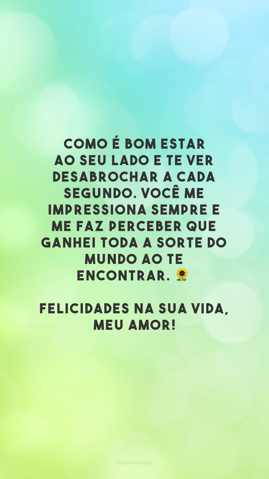 Como é bom estar ao seu lado e te ver desabrochar a cada segundo. Você me impressiona sempre e me faz perceber que ganhei toda a sorte do mundo ao te encontrar. 🌻 Felicidades na sua vida, meu amor!