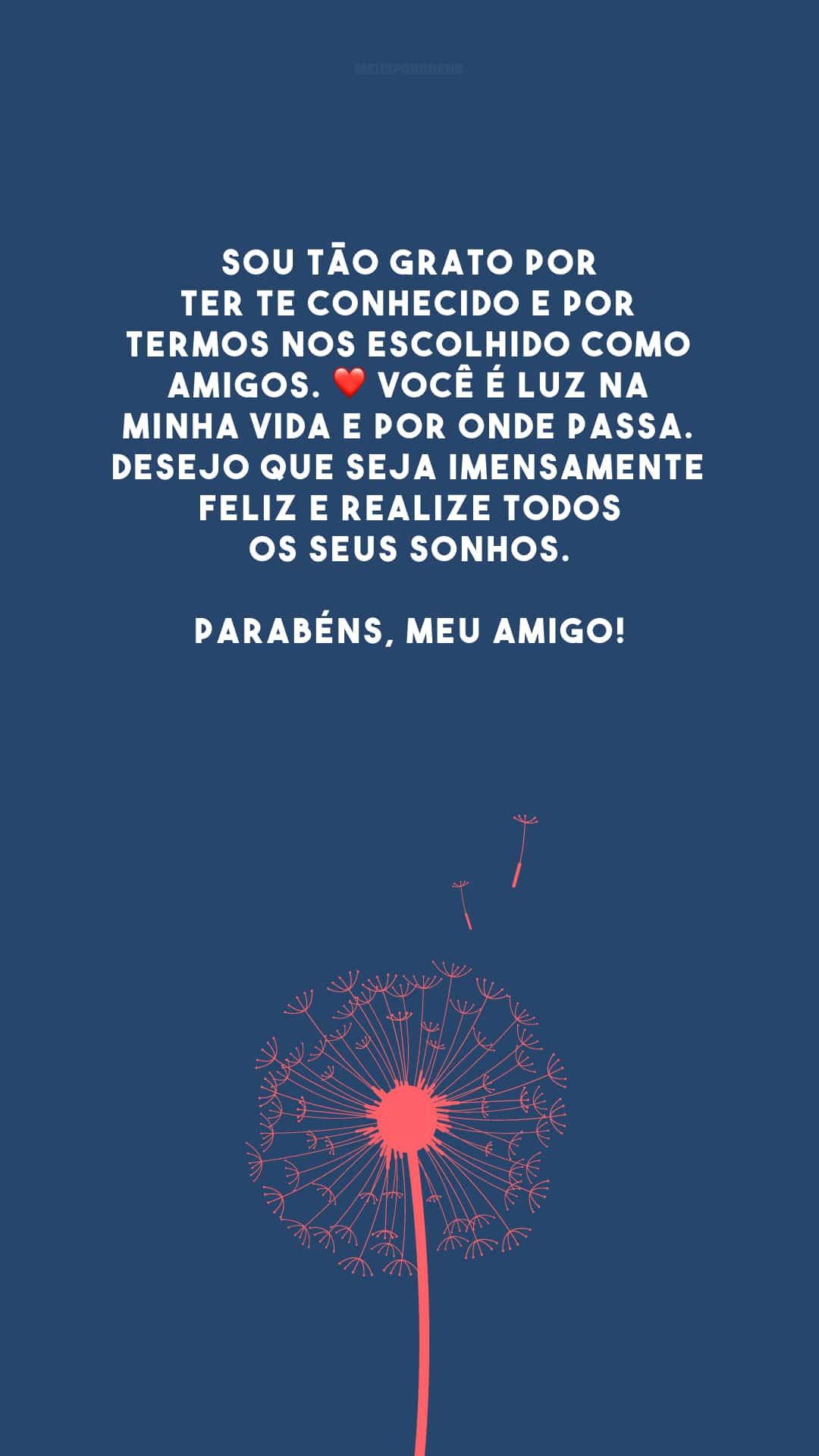 Sou tão grato por ter te conhecido e por termos nos escolhido como amigos. ❤ Você é luz na minha vida e por onde passa. Desejo que seja imensamente feliz e realize todos os seus sonhos. Parabéns, meu amigo!