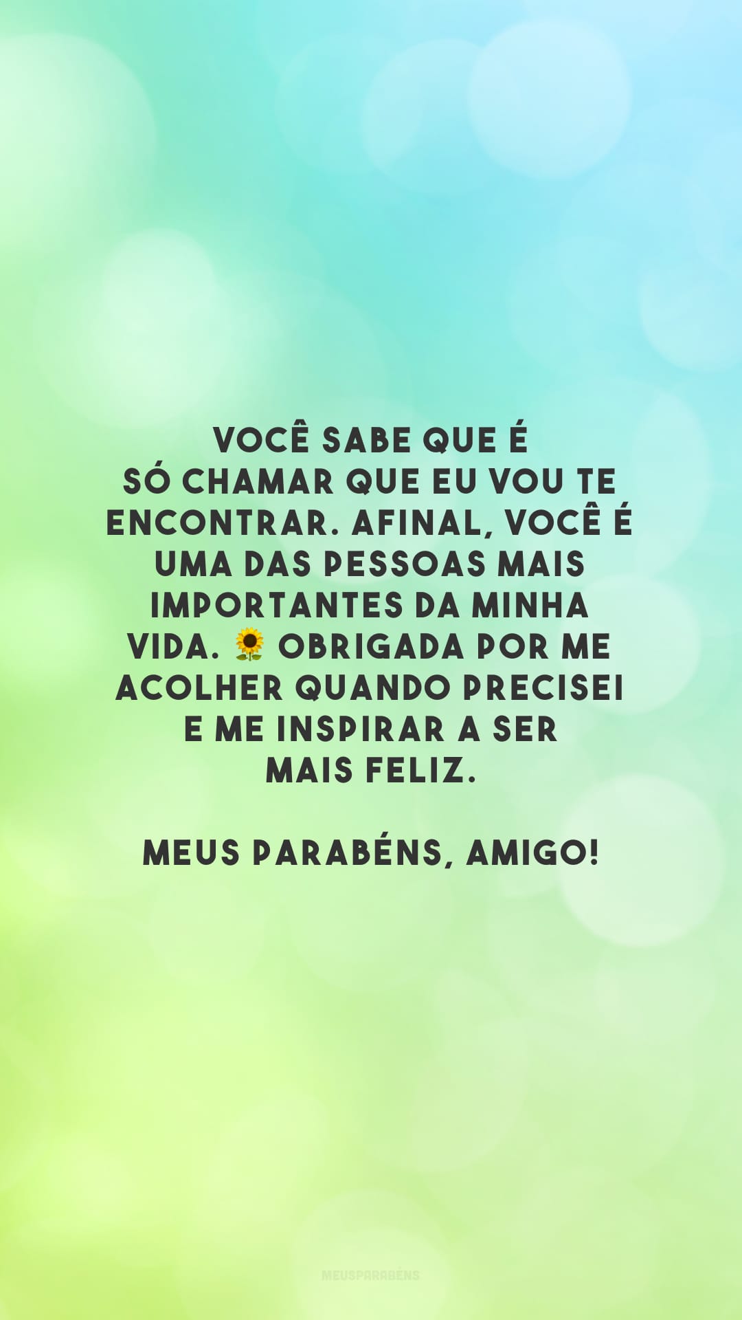 Você sabe que é só chamar que eu vou te encontrar. Afinal, você é uma das pessoas mais importantes da minha vida. 🌻 Obrigada por me acolher quando precisei e me inspirar a ser mais feliz. Meus parabéns, amigo!