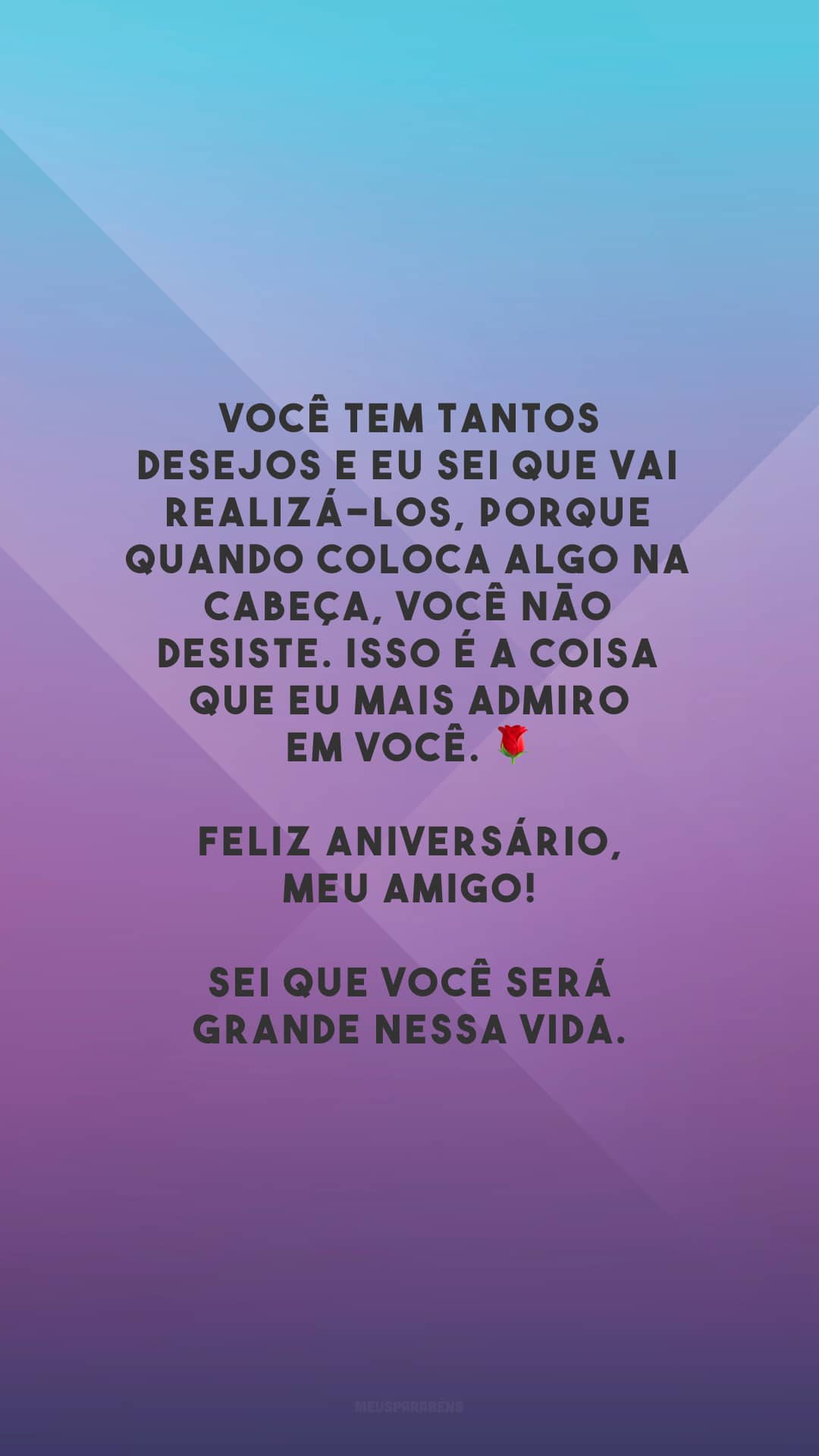 Você tem tantos desejos e eu sei que vai realizá-los, porque quando coloca algo na cabeça, você não desiste. Isso é a coisa que eu mais admiro em você. 🌹 Feliz aniversário, meu amigo! Sei que você será grande nessa vida.