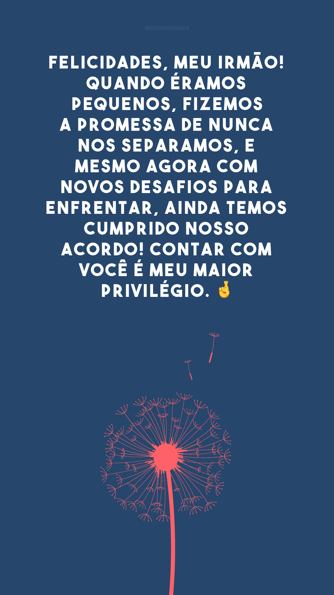 Felicidades, meu irmão! Quando éramos pequenos, fizemos a promessa de nunca nos separamos, e mesmo agora com novos desafios para enfrentar, ainda temos cumprido nosso acordo! Contar com você é meu maior privilégio. 🤞