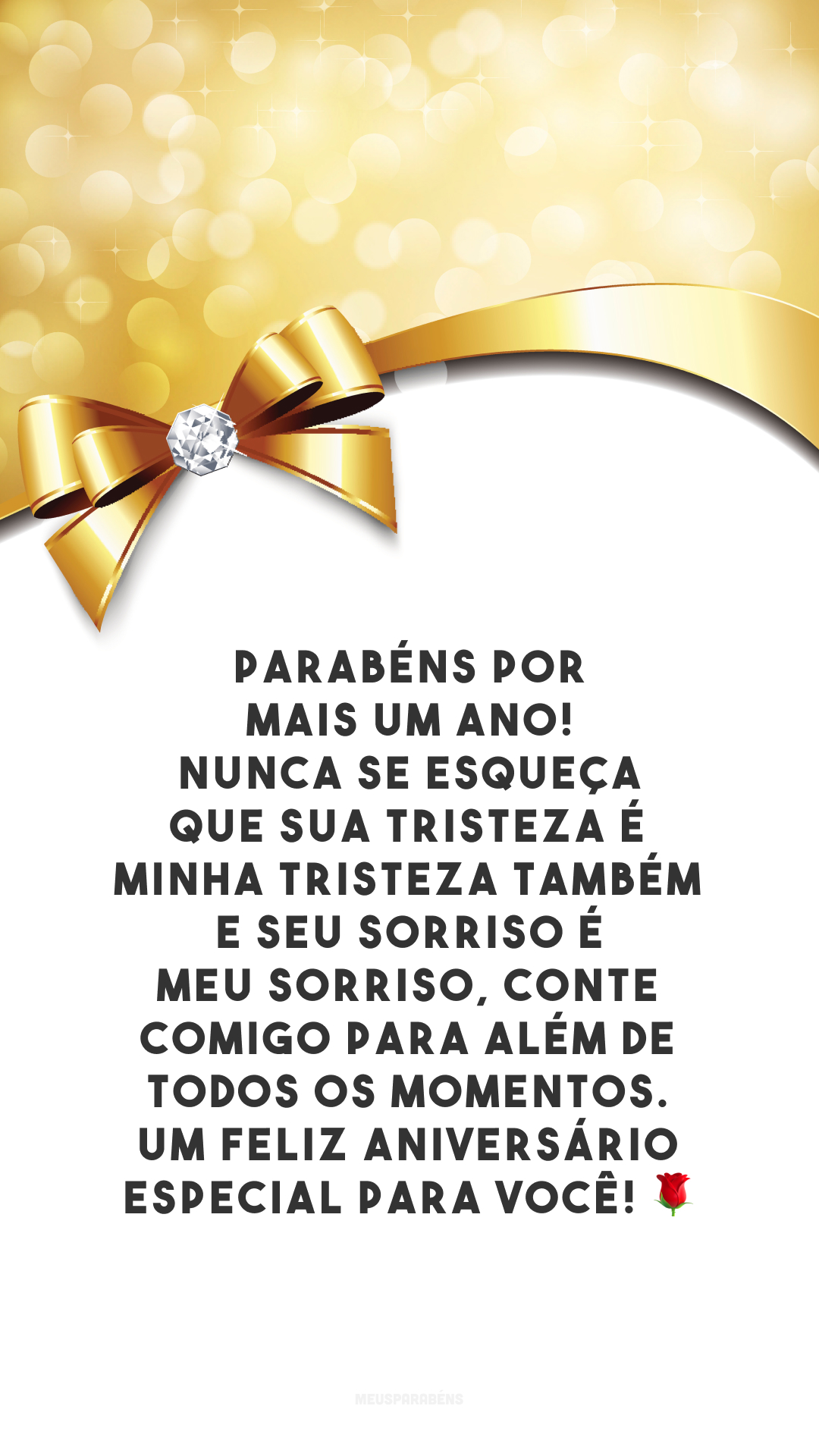 Parabéns por mais um ano! Nunca se esqueça que sua tristeza é minha tristeza também e seu sorriso é meu sorriso, conte comigo para além de todos os momentos. Um feliz aniversário especial para você! 🌹