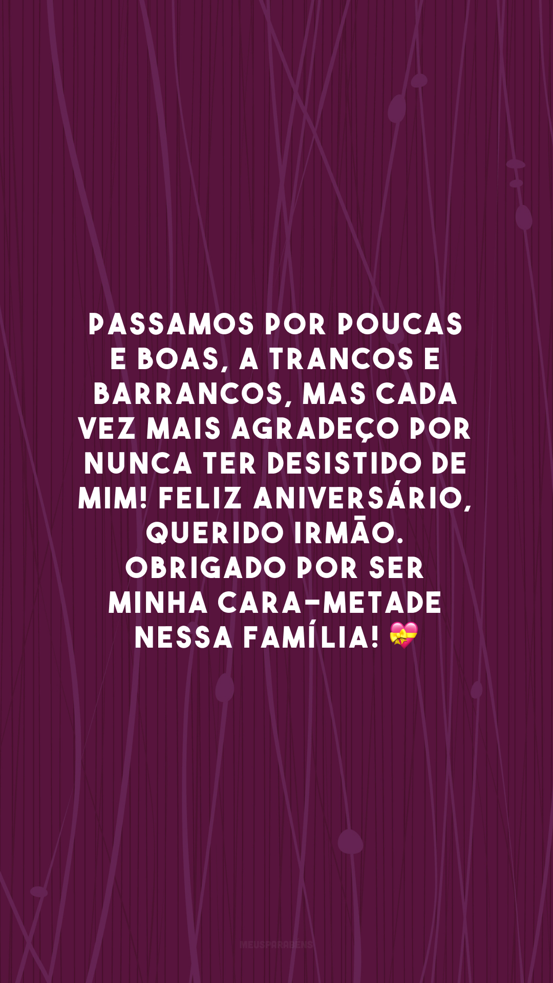 Passamos por poucas e boas, a trancos e barrancos, mas cada vez mais agradeço por nunca ter desistido de mim! Feliz aniversário, querido irmão. Obrigado por ser minha cara-metade nessa família! 💝