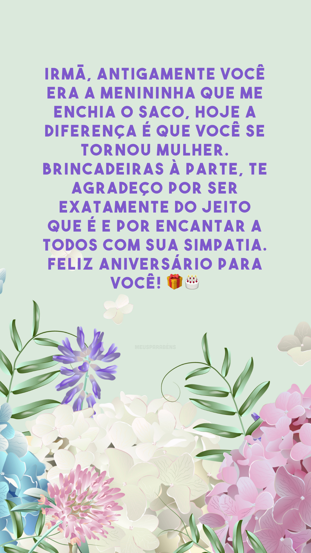 Irmã, antigamente você era a menininha que me enchia o saco, hoje a diferença é que você se tornou mulher. Brincadeiras à parte, te agradeço por ser exatamente do jeito que é e por encantar a todos com sua simpatia. Feliz aniversário para você! 🎁🎂